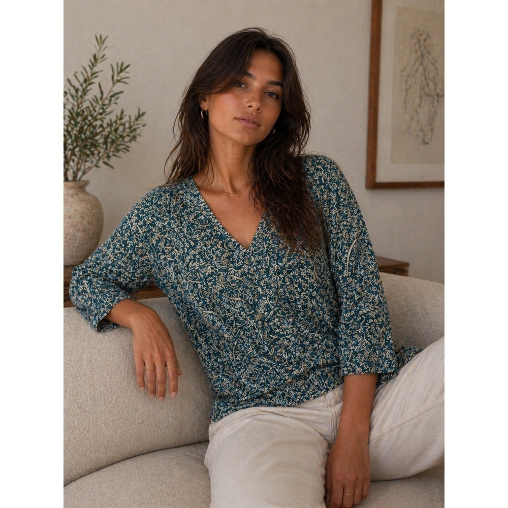 Pure Jill Shirt Womens Small Blue Paisley V Neck 3/4 Sleeve Tee Cotton Modal